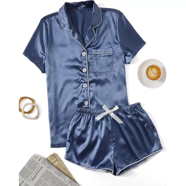 WDIRARA Women's Sleepwear Satin Short Sleeve Shirt and Shorts Pajama Set