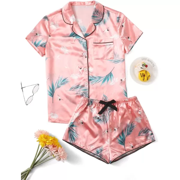 WDIRARA Women's Sleepwear Satin Short Sleeve Shirt and Shorts Pajama Set