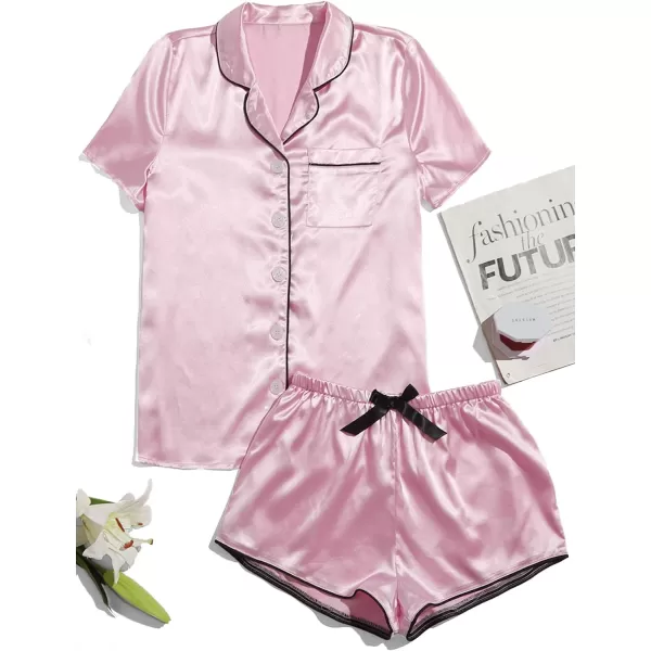 WDIRARA Women's Sleepwear Satin Short Sleeve Shirt and Shorts Pajama Set
