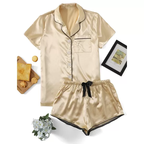 WDIRARA Women's Sleepwear Satin Short Sleeve Shirt and Shorts Pajama Set