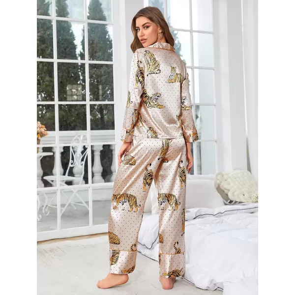 WDIRARA Women's Sleepwear Striped Satin Short Sleeve Shirt and Pants Pajama Set