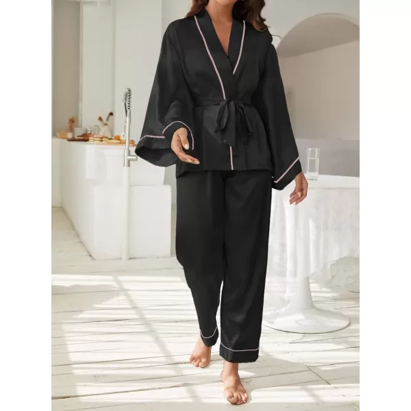 WDIRARA Women's Sleepwear Striped Satin Short Sleeve Shirt and Pants Pajama Set