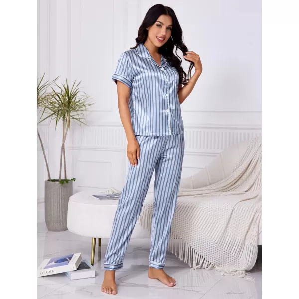 WDIRARA Women's Sleepwear Striped Satin Short Sleeve Shirt and Pants Pajama Set