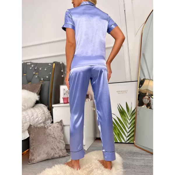 WDIRARA Women's Sleepwear Striped Satin Short Sleeve Shirt and Pants Pajama Set