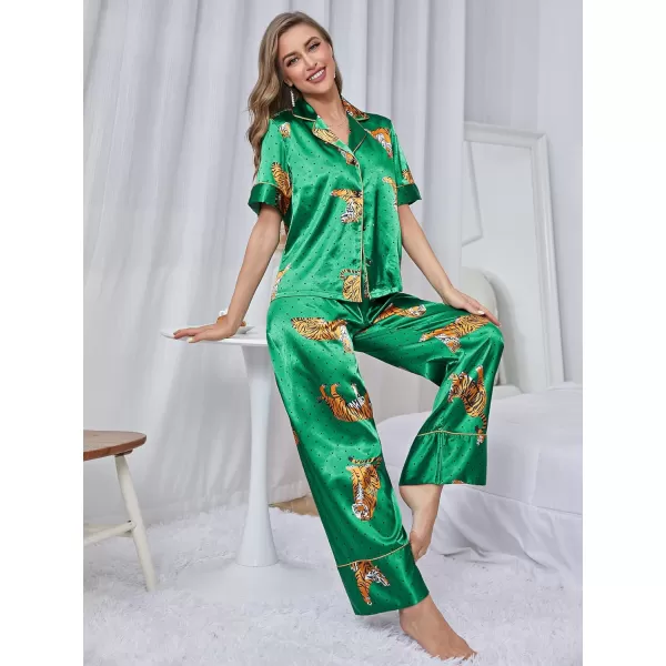 WDIRARA Women's Sleepwear Striped Satin Short Sleeve Shirt and Pants Pajama Set