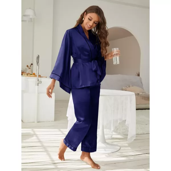 WDIRARA Women's Sleepwear Striped Satin Short Sleeve Shirt and Pants Pajama Set