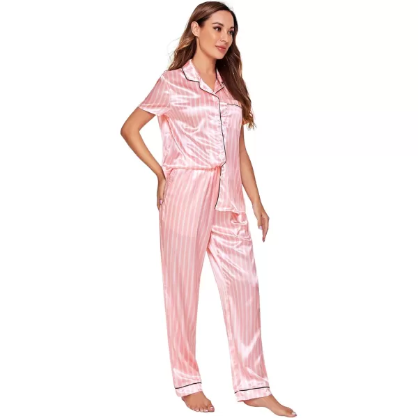 WDIRARA Women's Sleepwear Striped Satin Short Sleeve Shirt and Pants Pajama Set