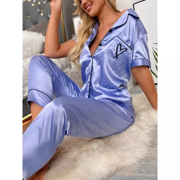WDIRARA Women's Sleepwear Striped Satin Short Sleeve Shirt and Pants Pajama Set