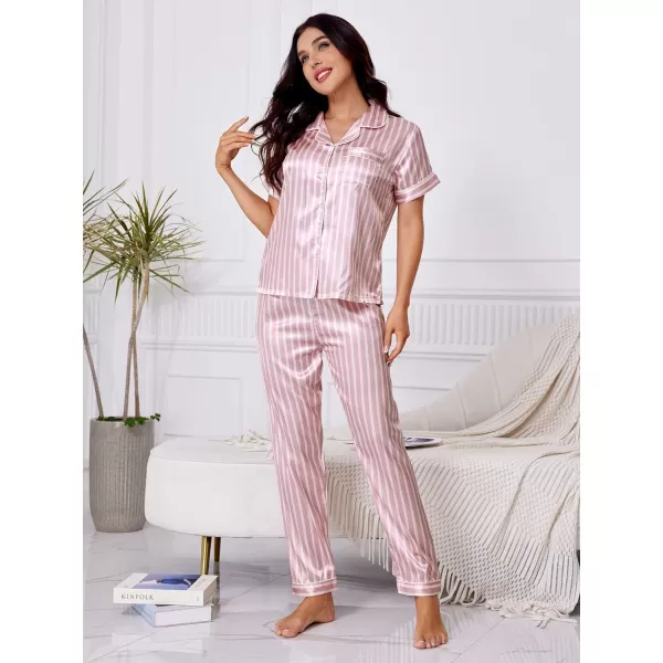 WDIRARA Women's Sleepwear Striped Satin Short Sleeve Shirt and Pants Pajama Set