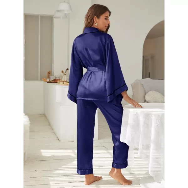 WDIRARA Women's Sleepwear Striped Satin Short Sleeve Shirt and Pants Pajama Set