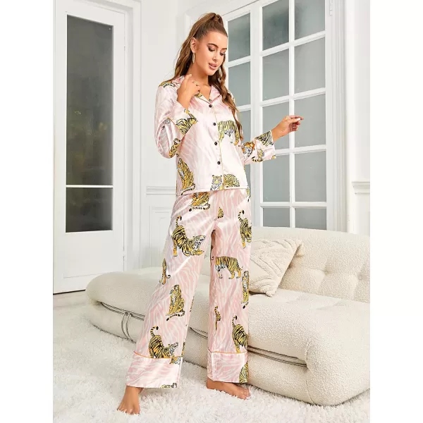 WDIRARA Women's Sleepwear Striped Satin Short Sleeve Shirt and Pants Pajama Set