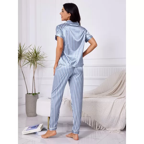 WDIRARA Women's Sleepwear Striped Satin Short Sleeve Shirt and Pants Pajama Set