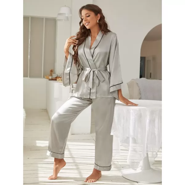 WDIRARA Women's Sleepwear Striped Satin Short Sleeve Shirt and Pants Pajama Set