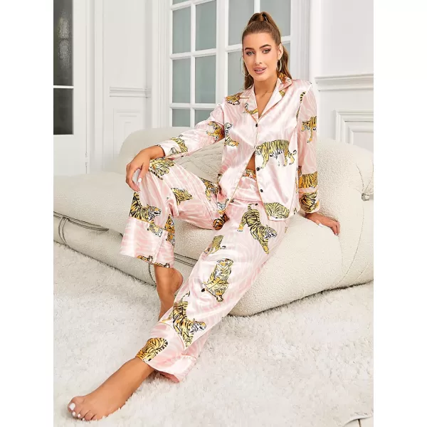 WDIRARA Women's Sleepwear Striped Satin Short Sleeve Shirt and Pants Pajama Set