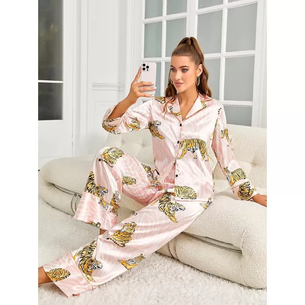 WDIRARA Women's Sleepwear Striped Satin Short Sleeve Shirt and Pants Pajama Set