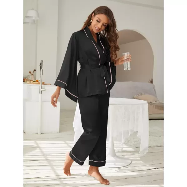 WDIRARA Women's Sleepwear Striped Satin Short Sleeve Shirt and Pants Pajama Set
