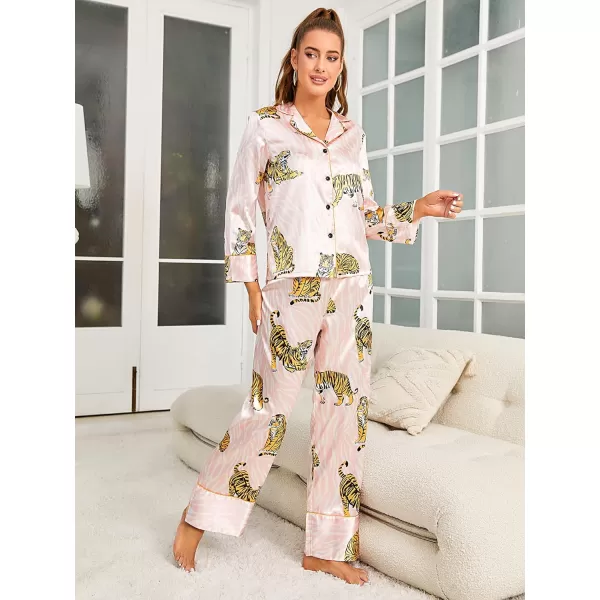 WDIRARA Women's Sleepwear Striped Satin Short Sleeve Shirt and Pants Pajama Set