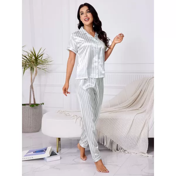 WDIRARA Women's Sleepwear Striped Satin Short Sleeve Shirt and Pants Pajama Set