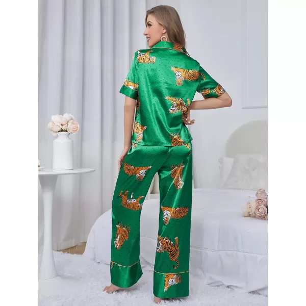 WDIRARA Women's Sleepwear Striped Satin Short Sleeve Shirt and Pants Pajama Set