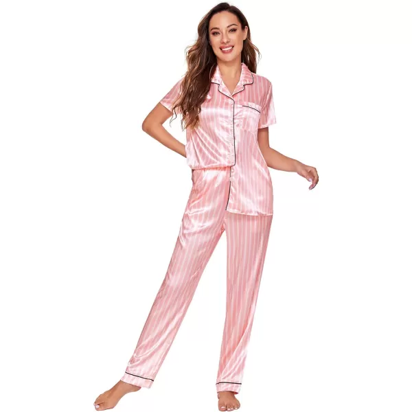WDIRARA Women's Sleepwear Striped Satin Short Sleeve Shirt and Pants Pajama Set