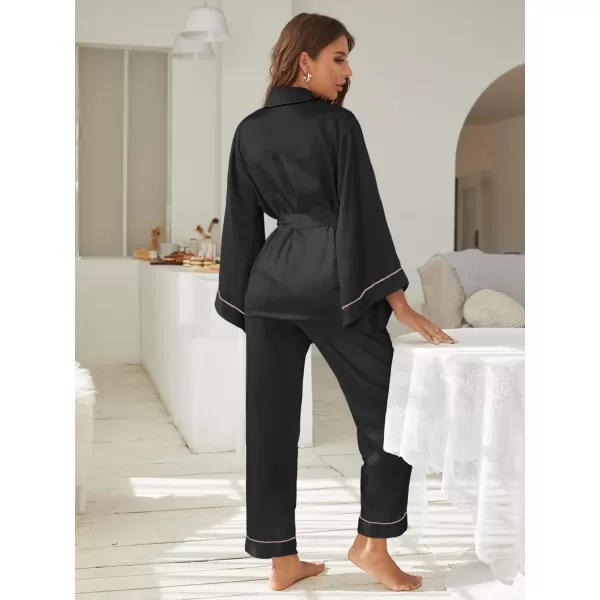 WDIRARA Women's Sleepwear Striped Satin Short Sleeve Shirt and Pants Pajama Set