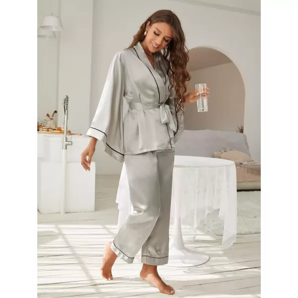 WDIRARA Women's Sleepwear Striped Satin Short Sleeve Shirt and Pants Pajama Set