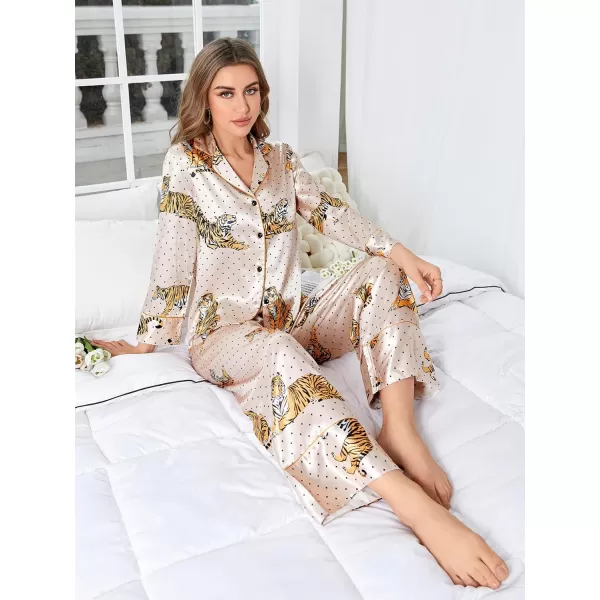 WDIRARA Women's Sleepwear Striped Satin Short Sleeve Shirt and Pants Pajama Set