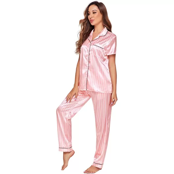 WDIRARA Women's Sleepwear Striped Satin Short Sleeve Shirt and Pants Pajama Set
