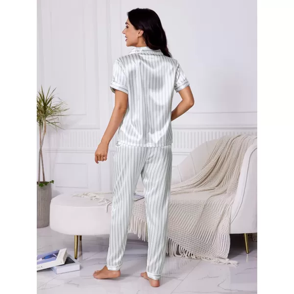 WDIRARA Women's Sleepwear Striped Satin Short Sleeve Shirt and Pants Pajama Set