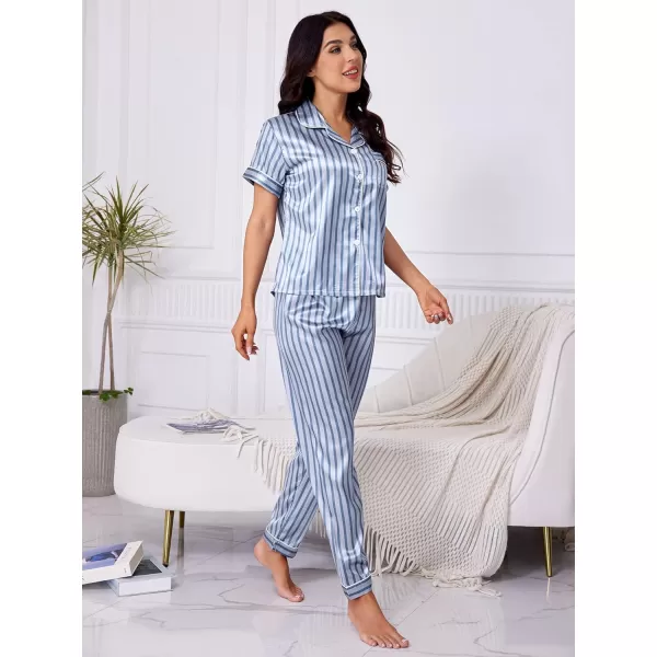WDIRARA Women's Sleepwear Striped Satin Short Sleeve Shirt and Pants Pajama Set
