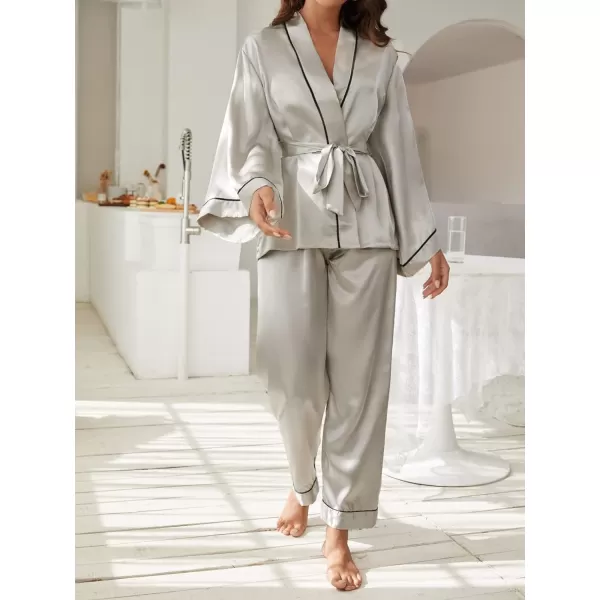 WDIRARA Women's Sleepwear Striped Satin Short Sleeve Shirt and Pants Pajama Set