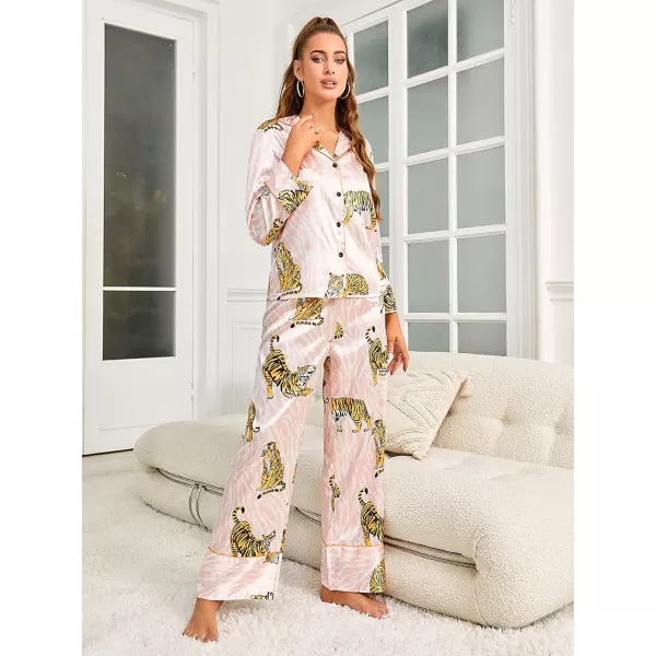 WDIRARA Women's Sleepwear Striped Satin Short Sleeve Shirt and Pants Pajama Set