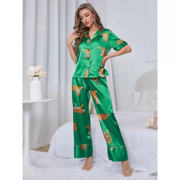 WDIRARA Women's Sleepwear Striped Satin Short Sleeve Shirt and Pants Pajama Set