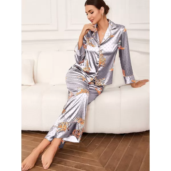 WDIRARA Women's Sleepwear Striped Satin Short Sleeve Shirt and Pants Pajama Set