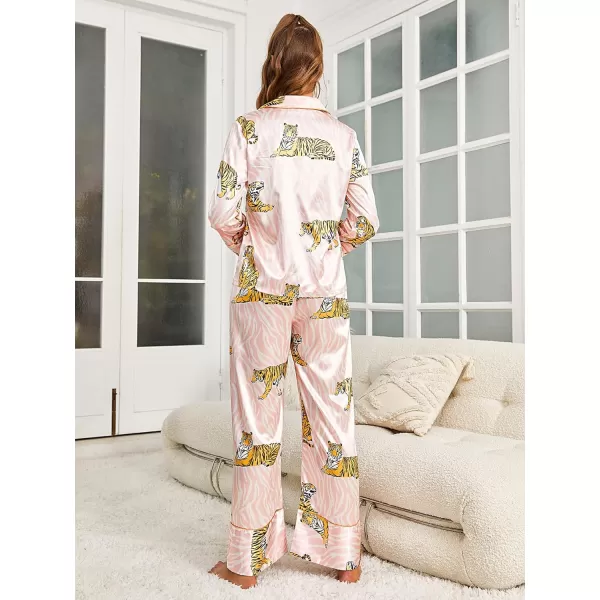 WDIRARA Women's Sleepwear Striped Satin Short Sleeve Shirt and Pants Pajama Set