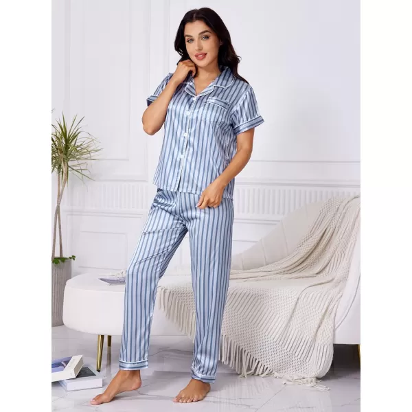 WDIRARA Women's Sleepwear Striped Satin Short Sleeve Shirt and Pants Pajama Set