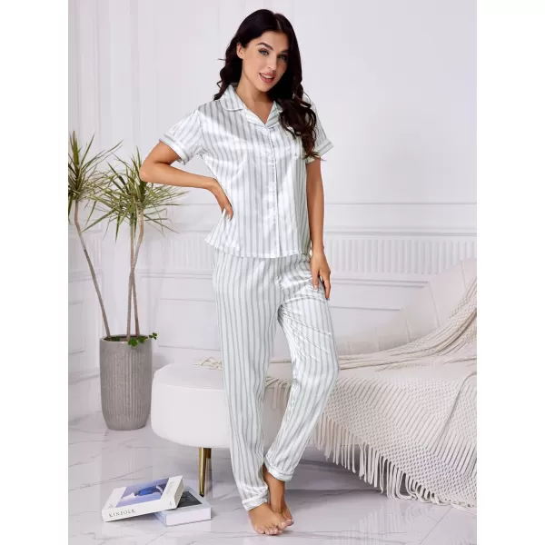 WDIRARA Women's Sleepwear Striped Satin Short Sleeve Shirt and Pants Pajama Set