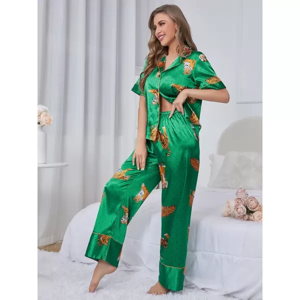 WDIRARA Women's Sleepwear Striped Satin Short Sleeve Shirt and Pants Pajama Set