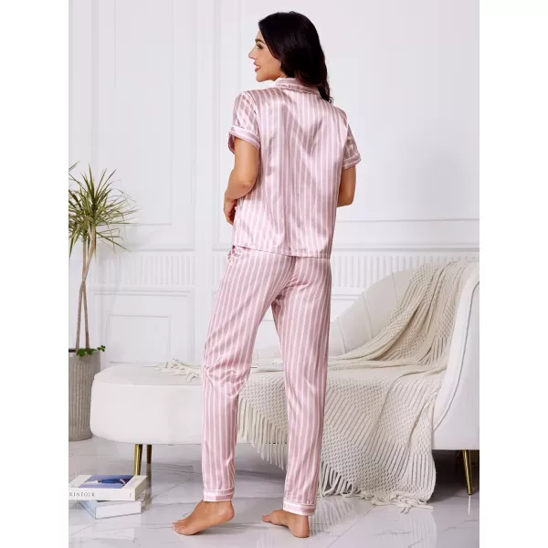 WDIRARA Women's Sleepwear Striped Satin Short Sleeve Shirt and Pants Pajama Set