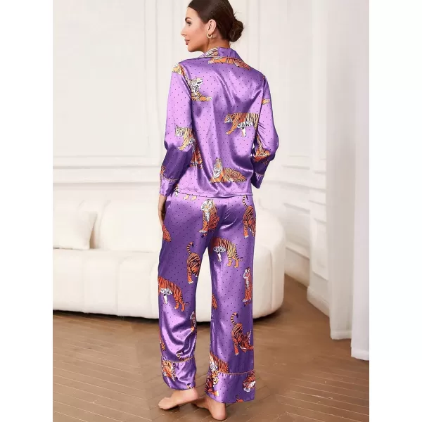 WDIRARA Women's Sleepwear Striped Satin Short Sleeve Shirt and Pants Pajama Set
