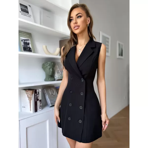 WDIRARA Women's Sleeveless Collared Double Breasted Blazer Dress Work Office Dresses