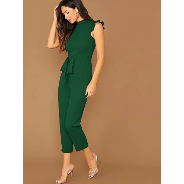 WDIRARA Women's Sleeveless Mock Neck Ruffle Trim Belted Cropped Jumpsuit Romper