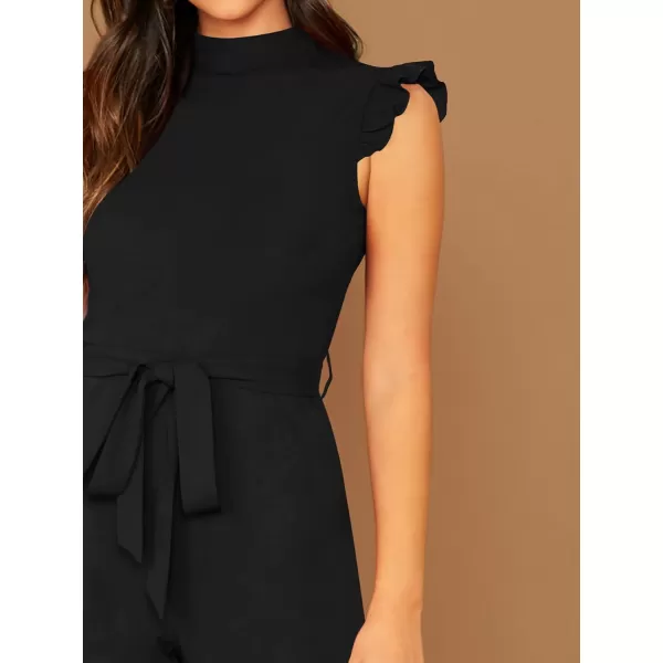 WDIRARA Women's Sleeveless Mock Neck Ruffle Trim Belted Cropped Jumpsuit Romper