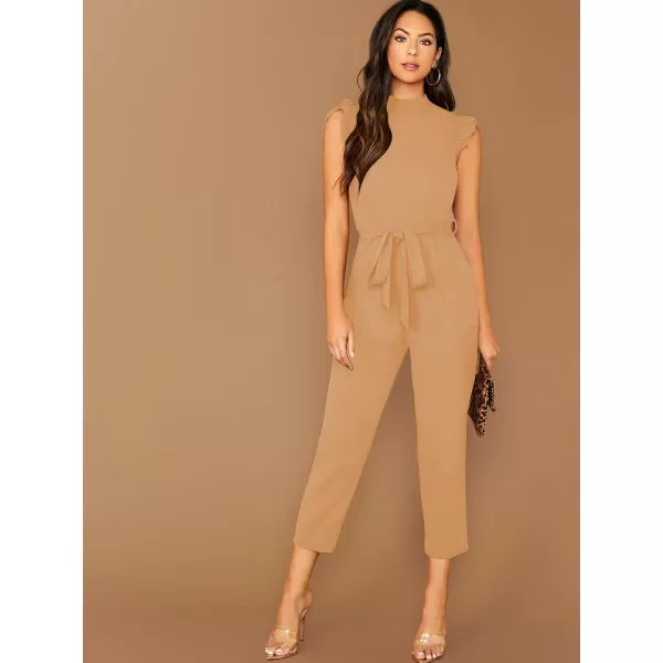 WDIRARA Women's Sleeveless Mock Neck Ruffle Trim Belted Cropped Jumpsuit Romper