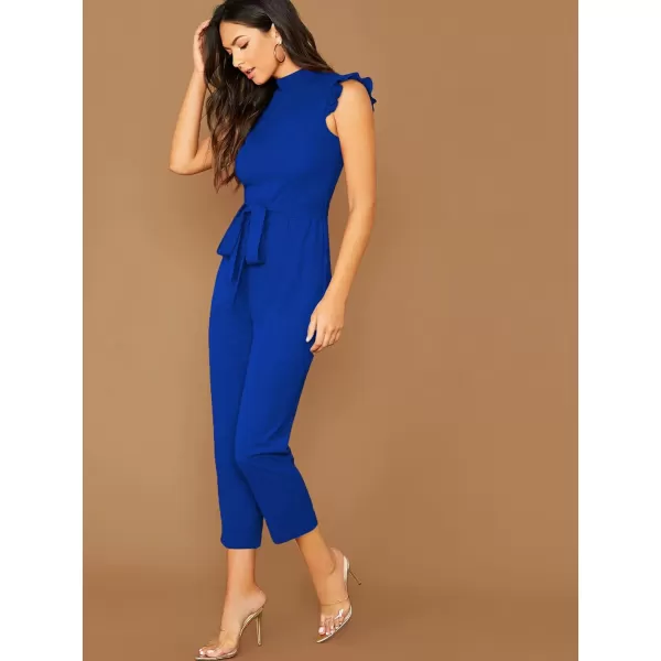WDIRARA Women's Sleeveless Mock Neck Ruffle Trim Belted Cropped Jumpsuit Romper