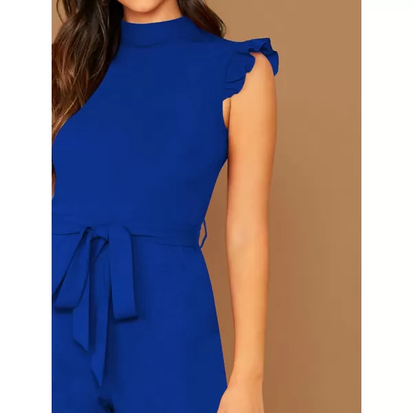 WDIRARA Women's Sleeveless Mock Neck Ruffle Trim Belted Cropped Jumpsuit Romper