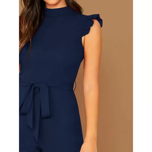 WDIRARA Women's Sleeveless Mock Neck Ruffle Trim Belted Cropped Jumpsuit Romper
