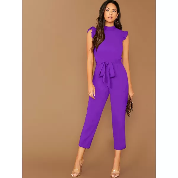 WDIRARA Women's Sleeveless Mock Neck Ruffle Trim Belted Cropped Jumpsuit Romper