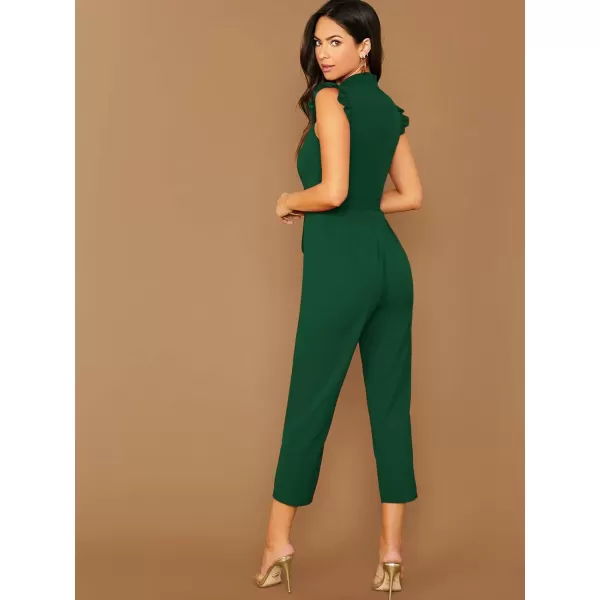WDIRARA Women's Sleeveless Mock Neck Ruffle Trim Belted Cropped Jumpsuit Romper