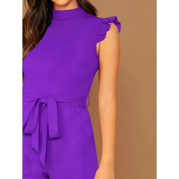 WDIRARA Women's Sleeveless Mock Neck Ruffle Trim Belted Cropped Jumpsuit Romper
